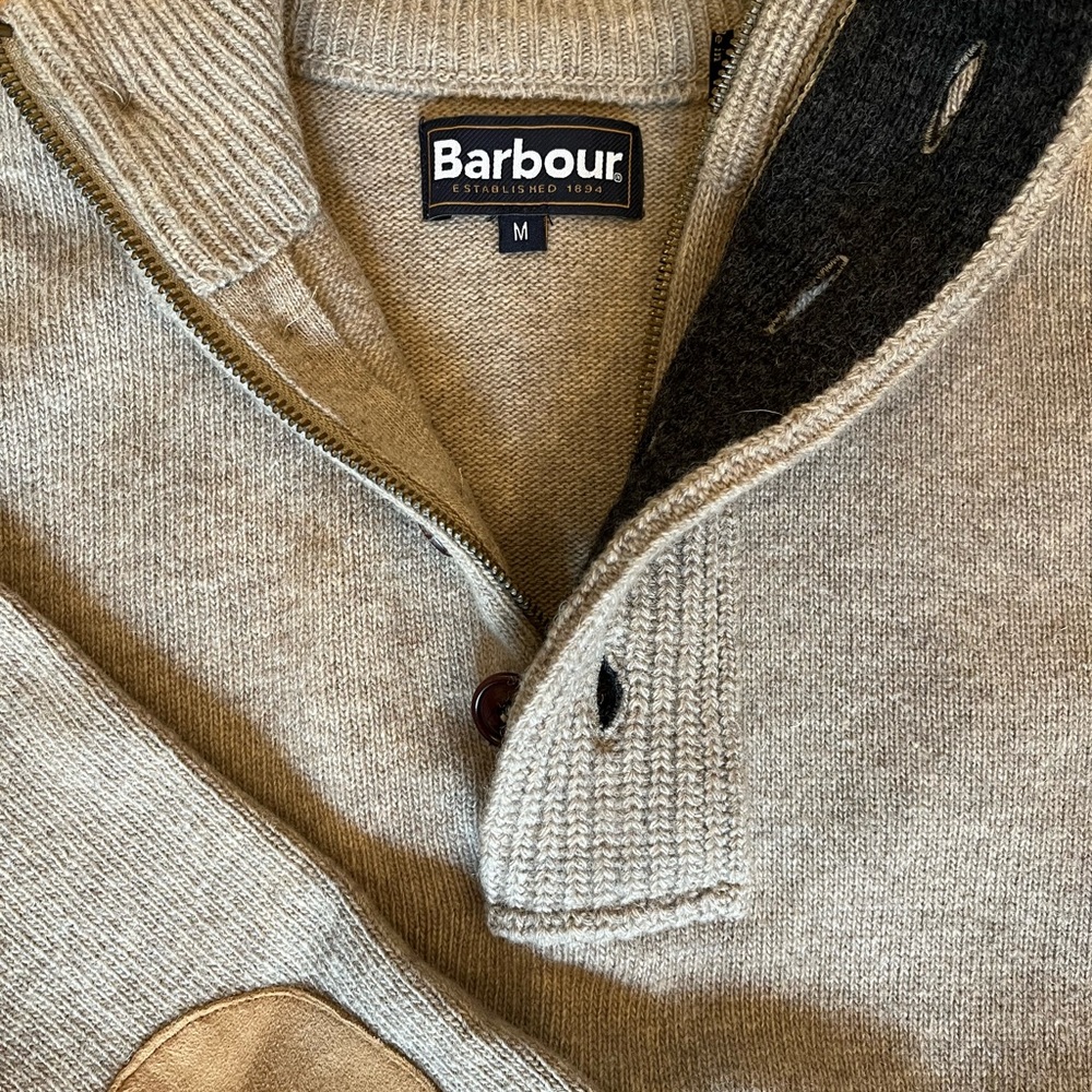 Barbour wool sweater.  Zip and button up.  Elbow patches
